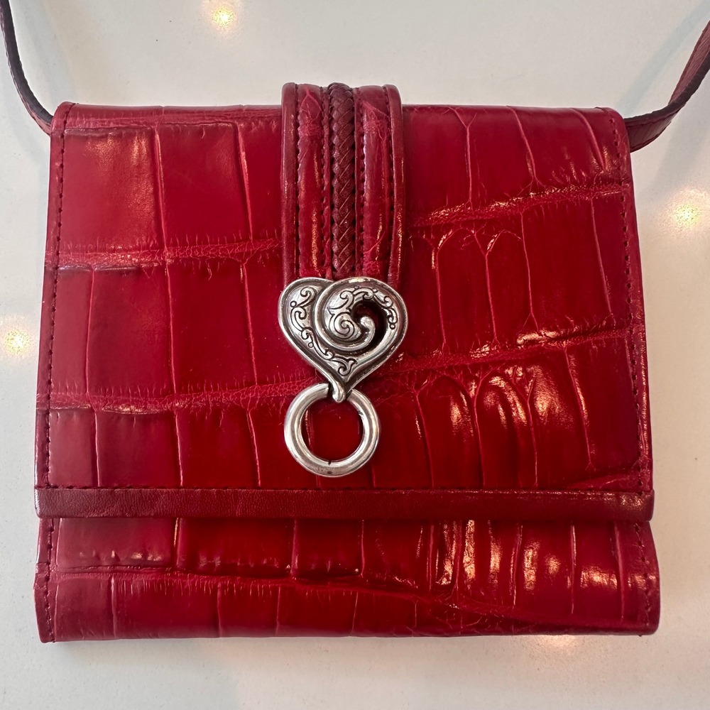 Brighton Red Croc Embossed Leather Crossbody Wallet Heart Scroll Bag